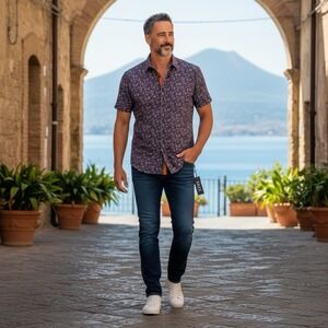 Stone Rose Mens SS Button Down Shirt Navy Geometric Print SGKSSW21-411 M